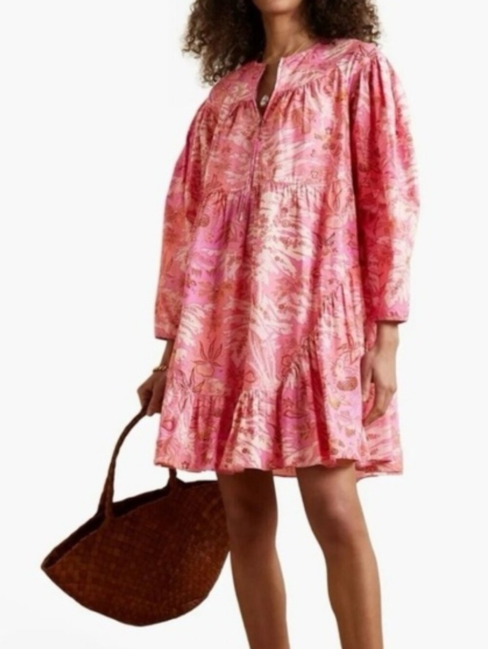 Ulla Johnson Leiko Dress Camellia Pink Floral Tiered Cotton OVERSIZED . Size 0